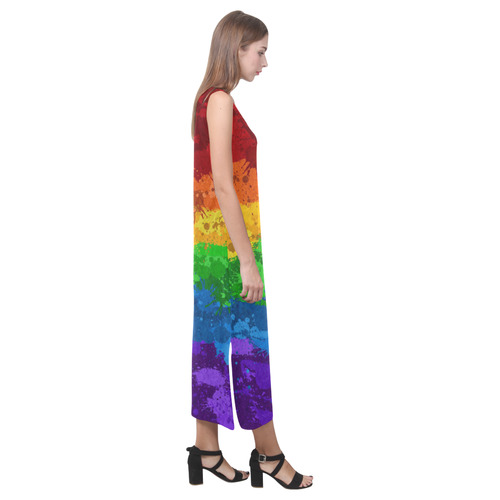 Rainbow Paint Splatter Flag Phaedra Sleeveless Open Fork Long Dress (Model D08)