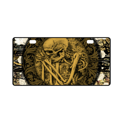 The skeleton in a round button with flowers License Plate