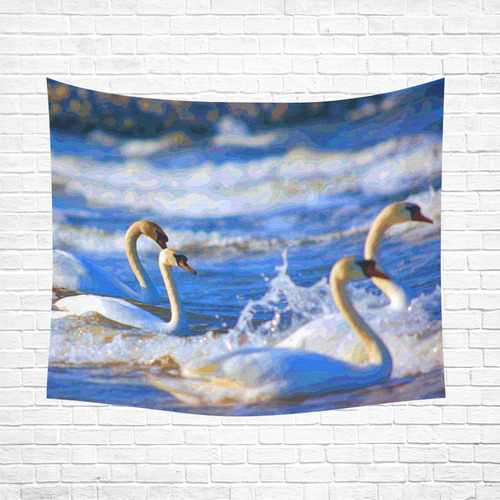 Swans Swimming Fine Nature Art Cotton Linen Wall Tapestry 60"x 51"