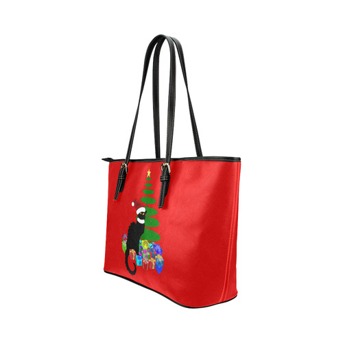 Christmas Le Chat Noir with Santa Hat Leather Tote Bag/Large (Model 1651)