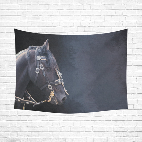A beautiful painting black friesian horse portrait Cotton Linen Wall Tapestry 80"x 60"