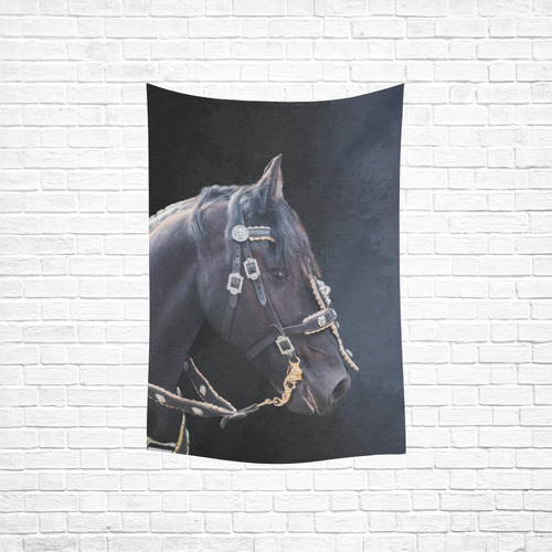 A beautiful painting black friesian horse portrait Cotton Linen Wall Tapestry 40"x 60"