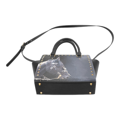 A beautiful painting black friesian horse portrait Rivet Shoulder Handbag (Model 1645)