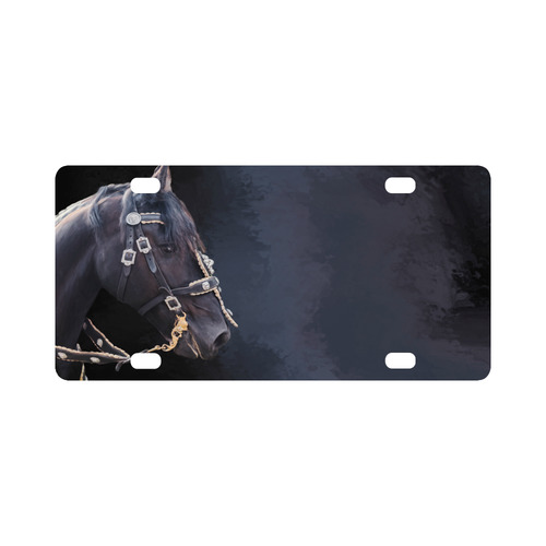 A beautiful painting black friesian horse portrait Classic License Plate