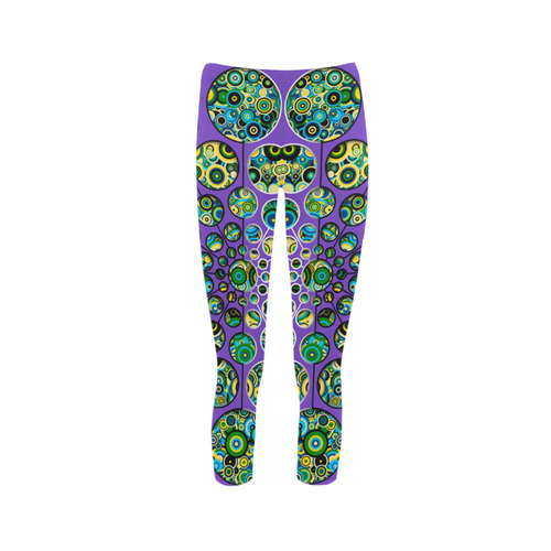 Flower Power CIRCLE Dots in Dots cyan yellow black Capri Legging (Model L02)