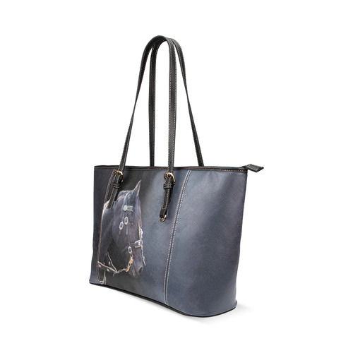 A beautiful painting black friesian horse portrait Leather Tote Bag/Large (Model 1640)