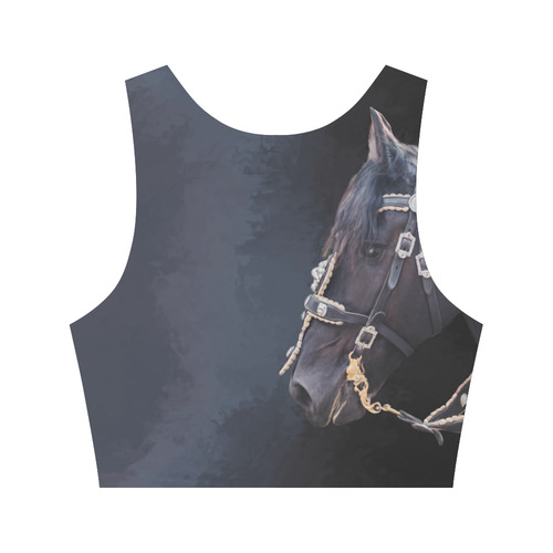 A beautiful painting black friesian horse portrait Women's Crop Top (Model T42)