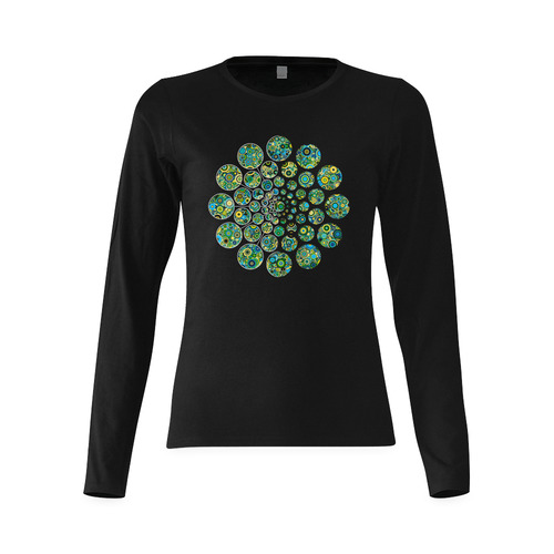 Flower Power CIRCLE Dots in Dots cyan yellow black Sunny Women's T-shirt (long-sleeve) (Model T07)