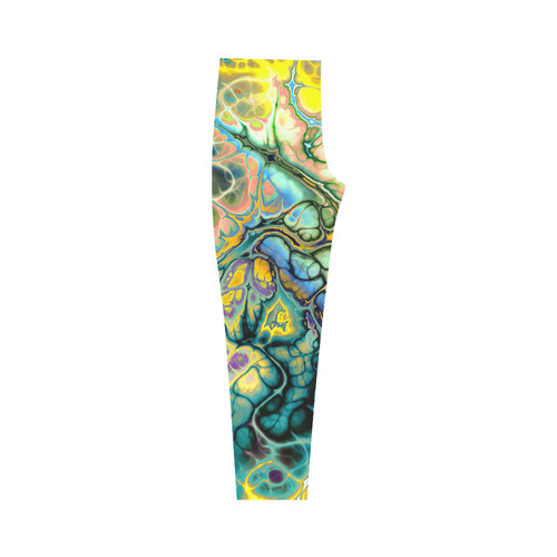 Flower Power Fractal Batik Teal Yellow Blue Salmon Capri Legging (Model L02)