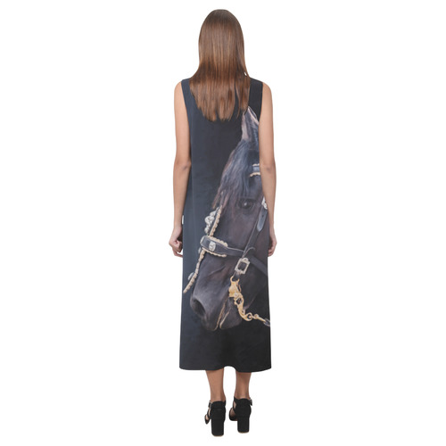 A beautiful painting black friesian horse portrait Phaedra Sleeveless Open Fork Long Dress (Model D08)