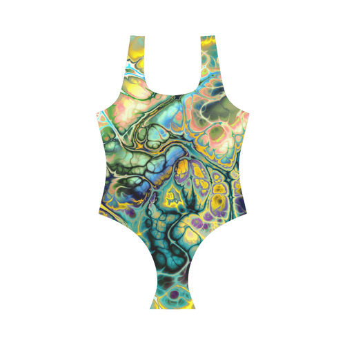 Flower Power Fractal Batik Teal Yellow Blue Salmon Vest One Piece Swimsuit (Model S04)
