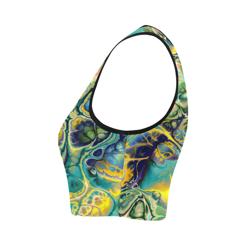 Flower Power Fractal Batik Teal Yellow Blue Salmon Women's Crop Top (Model T42)