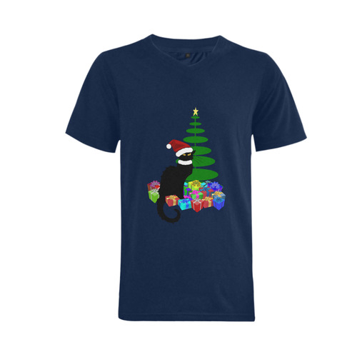 Christmas Le Chat Noir with Santa Hat Men's V-Neck T-shirt  Big Size(USA Size) (Model T10)