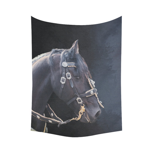A beautiful painting black friesian horse portrait Cotton Linen Wall Tapestry 60"x 80"
