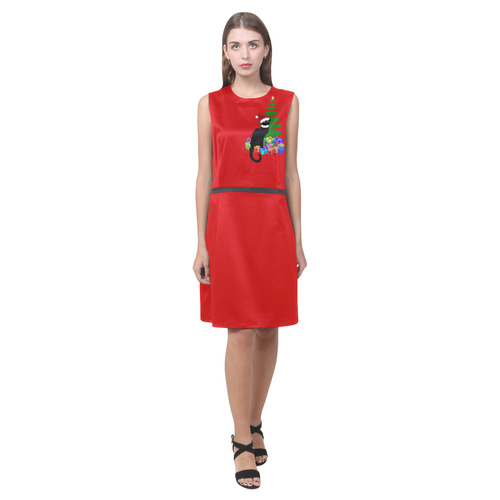 Christmas Le Chat Noir with Santa Hat Eos Women's Sleeveless Dress (Model D01)