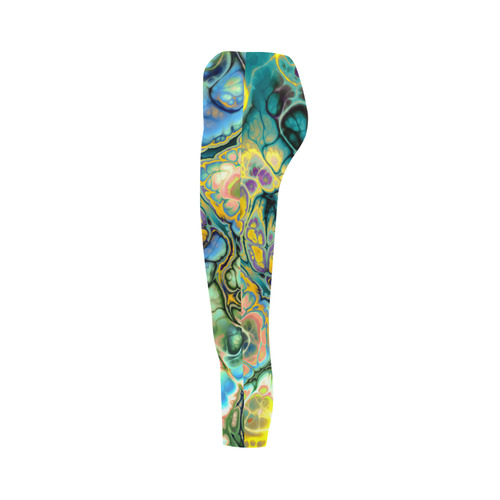 Flower Power Fractal Batik Teal Yellow Blue Salmon Capri Legging (Model L02)