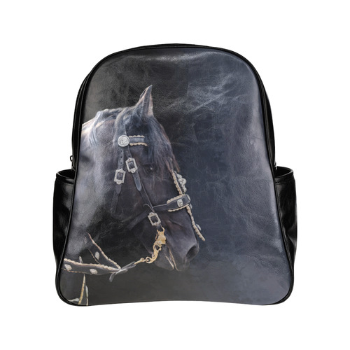A beautiful painting black friesian horse portrait Multi-Pockets Backpack (Model 1636)