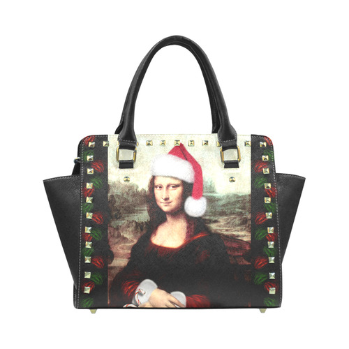 Christmas Mona Lisa with Santa Hat Rivet Shoulder Handbag (Model 1645)