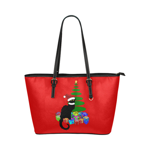 Christmas Le Chat Noir with Santa Hat Leather Tote Bag/Large (Model 1651)
