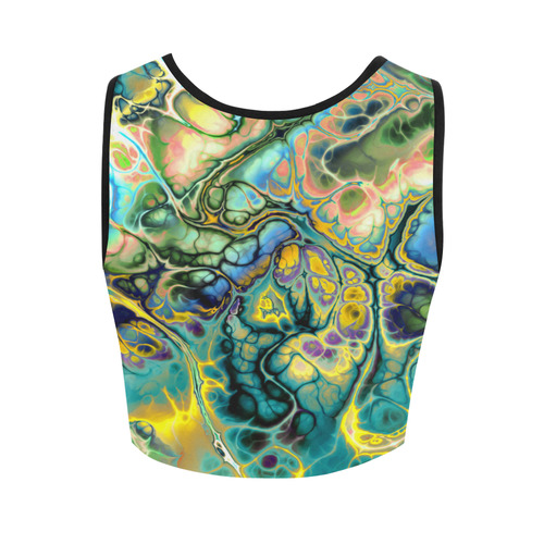 Flower Power Fractal Batik Teal Yellow Blue Salmon Women's Crop Top (Model T42)