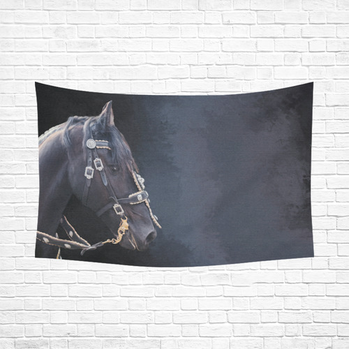 A beautiful painting black friesian horse portrait Cotton Linen Wall Tapestry 90"x 60"