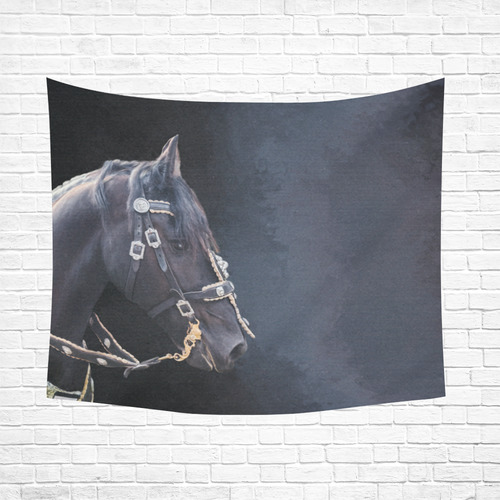 A beautiful painting black friesian horse portrait Cotton Linen Wall Tapestry 60"x 51"