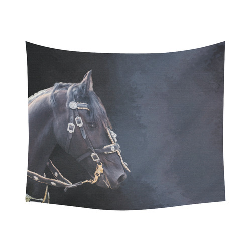 A beautiful painting black friesian horse portrait Cotton Linen Wall Tapestry 60"x 51"