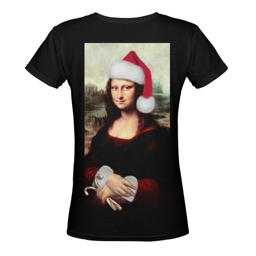 Christmas Mona Lisa with Santa Hat Women's Deep V-neck T-shirt (Model T19)