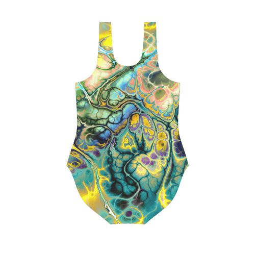 Flower Power Fractal Batik Teal Yellow Blue Salmon Vest One Piece Swimsuit (Model S04)