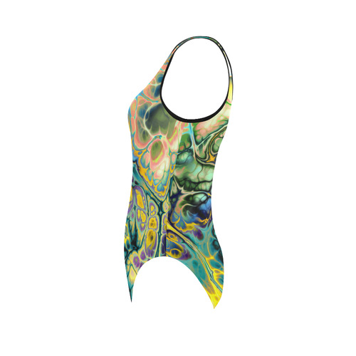 Flower Power Fractal Batik Teal Yellow Blue Salmon Vest One Piece Swimsuit (Model S04)