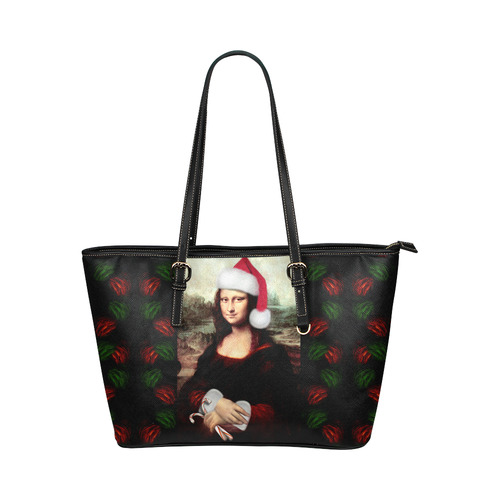 Christmas Mona Lisa with Santa Hat Leather Tote Bag/Large (Model 1651)