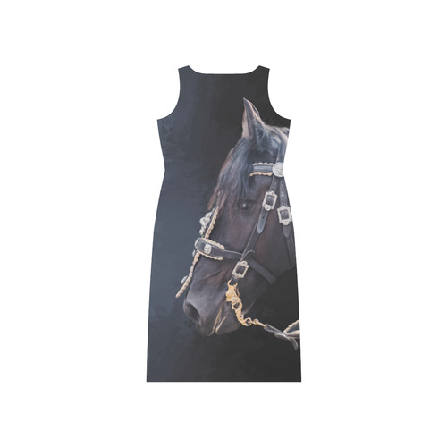 A beautiful painting black friesian horse portrait Phaedra Sleeveless Open Fork Long Dress (Model D08)