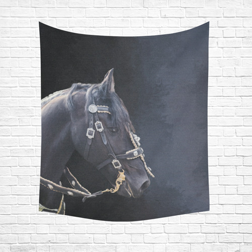 A beautiful painting black friesian horse portrait Cotton Linen Wall Tapestry 51"x 60"