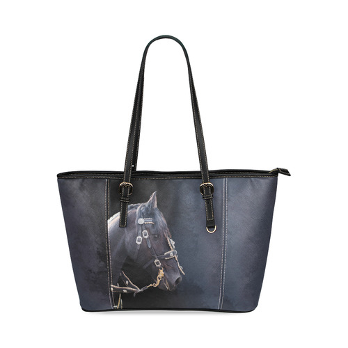 A beautiful painting black friesian horse portrait Leather Tote Bag/Large (Model 1640)