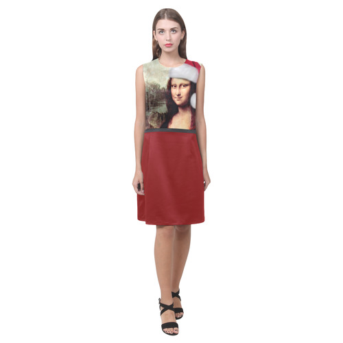 Christmas Mona Lisa with Santa Hat Eos Women's Sleeveless Dress (Model D01)