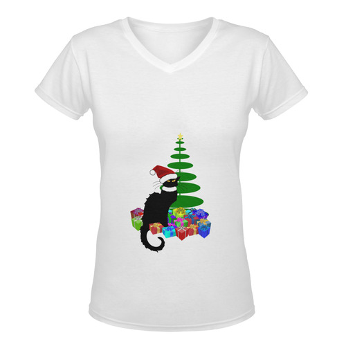 Christmas Le Chat Noir with Santa Hat Women's Deep V-neck T-shirt (Model T19)