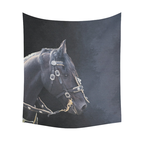 A beautiful painting black friesian horse portrait Cotton Linen Wall Tapestry 51"x 60"