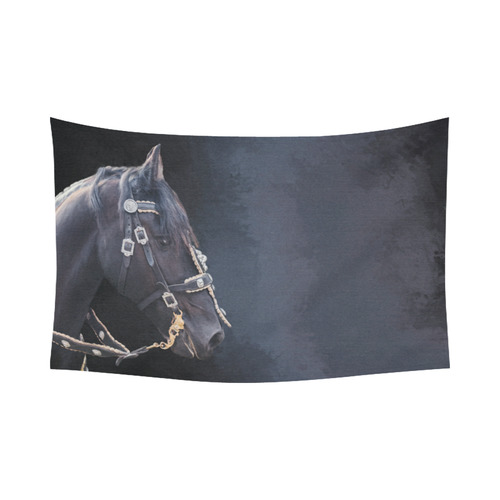 A beautiful painting black friesian horse portrait Cotton Linen Wall Tapestry 90"x 60"