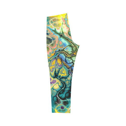 Flower Power Fractal Batik Teal Yellow Blue Salmon Capri Legging (Model L02)