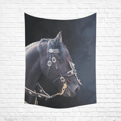 A beautiful painting black friesian horse portrait Cotton Linen Wall Tapestry 60"x 80"