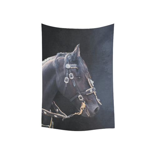 A beautiful painting black friesian horse portrait Cotton Linen Wall Tapestry 40"x 60"