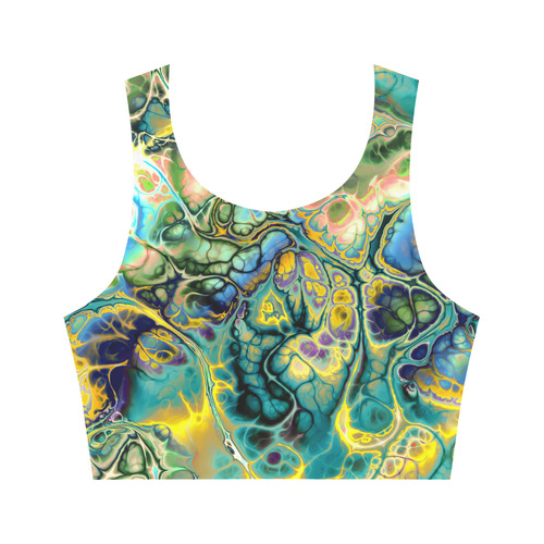 Flower Power Fractal Batik Teal Yellow Blue Salmon Women's Crop Top (Model T42)