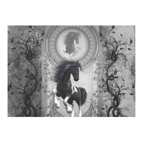 Awesome horse in black and white with flowers Cotton Linen Tablecloth 60"x 84"
