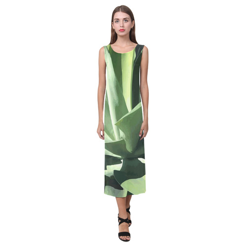 Green Succulent Desert Nature Art Phaedra Sleeveless Open Fork Long Dress (Model D08)