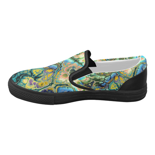 Flower Power Fractal Batik Teal Yellow Blue Salmon Women's Slip-on Canvas Shoes (Model 019)