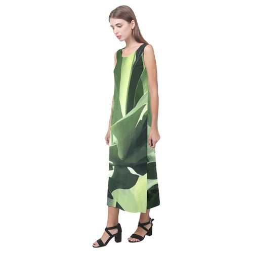 Green Succulent Desert Nature Art Phaedra Sleeveless Open Fork Long Dress (Model D08)
