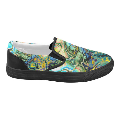 Flower Power Fractal Batik Teal Yellow Blue Salmon Women's Slip-on Canvas Shoes (Model 019)