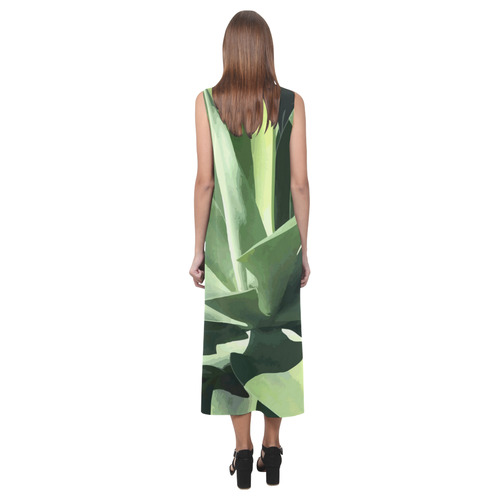 Green Succulent Desert Nature Art Phaedra Sleeveless Open Fork Long Dress (Model D08)