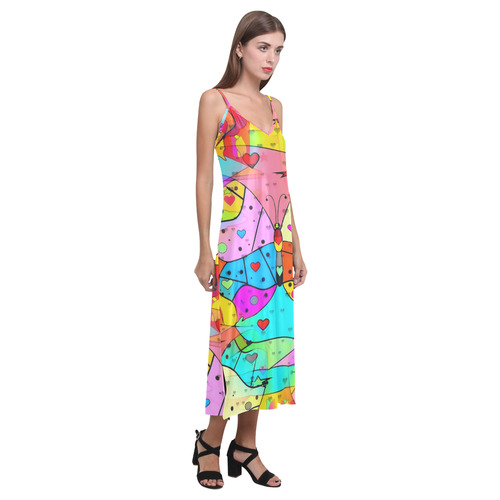 Butterfly Popart by Nico Bielow V-Neck Open Fork Long Dress(Model D18)