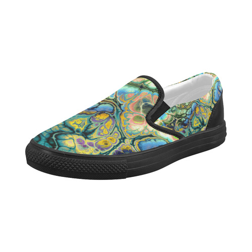 Flower Power Fractal Batik Teal Yellow Blue Salmon Women's Slip-on Canvas Shoes (Model 019)